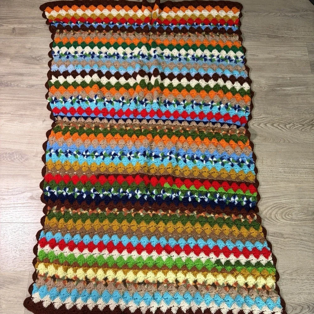 Vtg Vibrant Handmade Crochet Afghan Blanket Retro‎ Earth Tones 70s Ripple 58x37